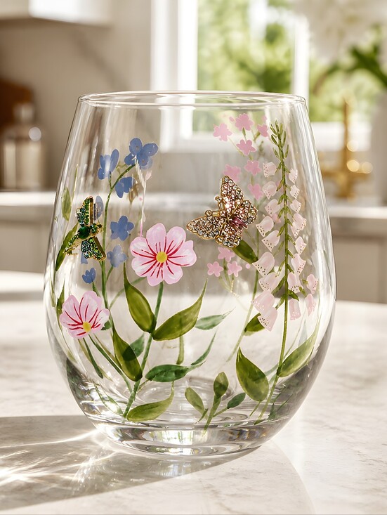 Other - Hand-Painted Floral Glass Cup w/Metal Charms Dragonflies & Butterflies